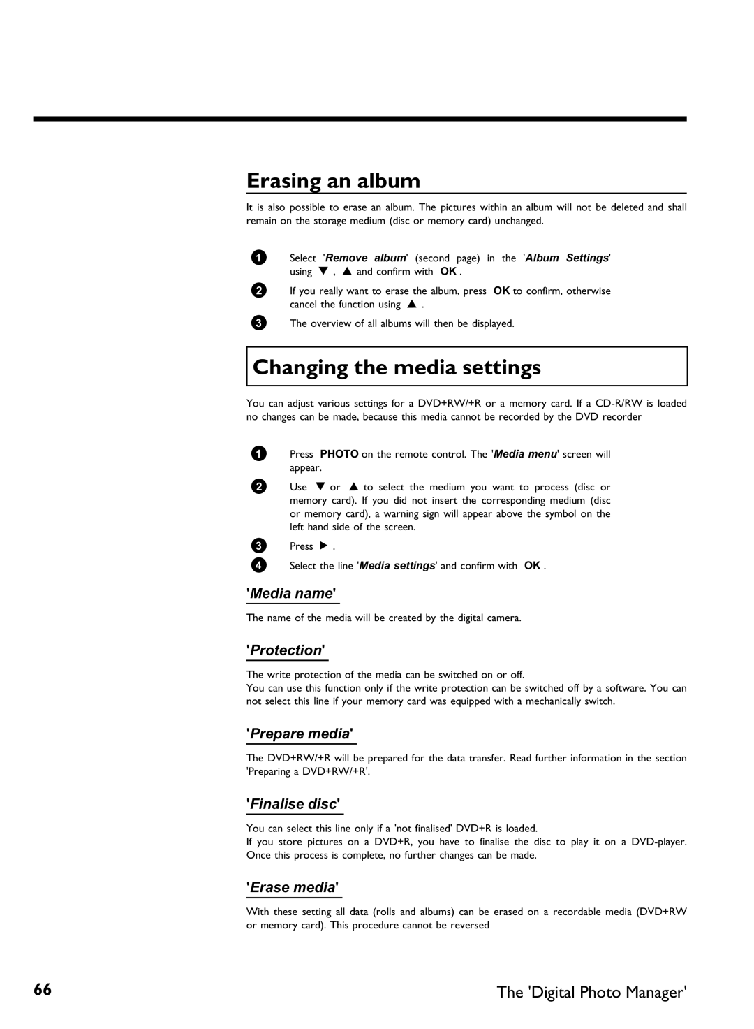 Philips DVDR 77/02, DVDR 77/00 manual Erasing an album, Changing the media settings 