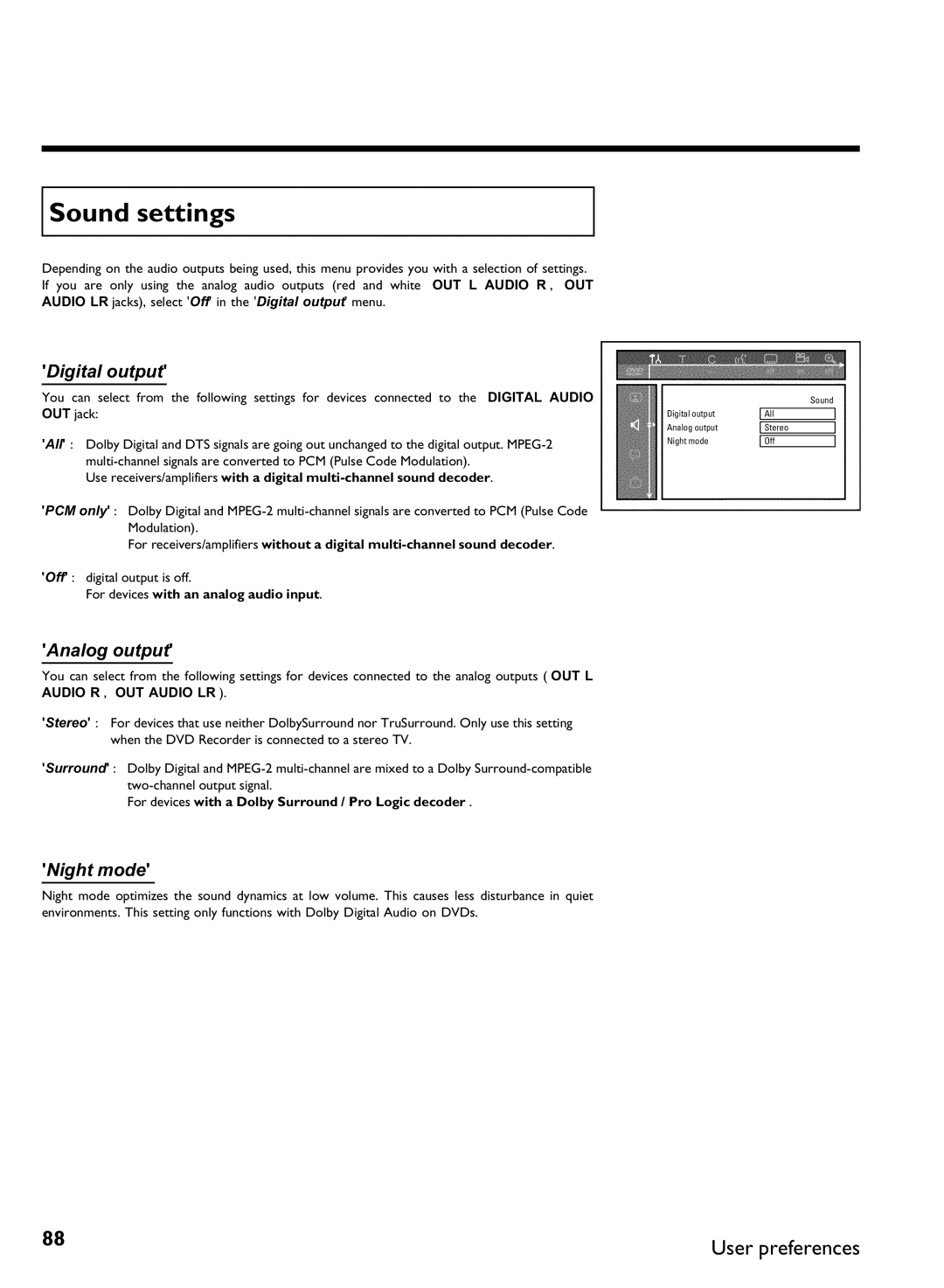 Philips DVDR 80 manual Sound settings, Digital output, Analog output, Night mode 