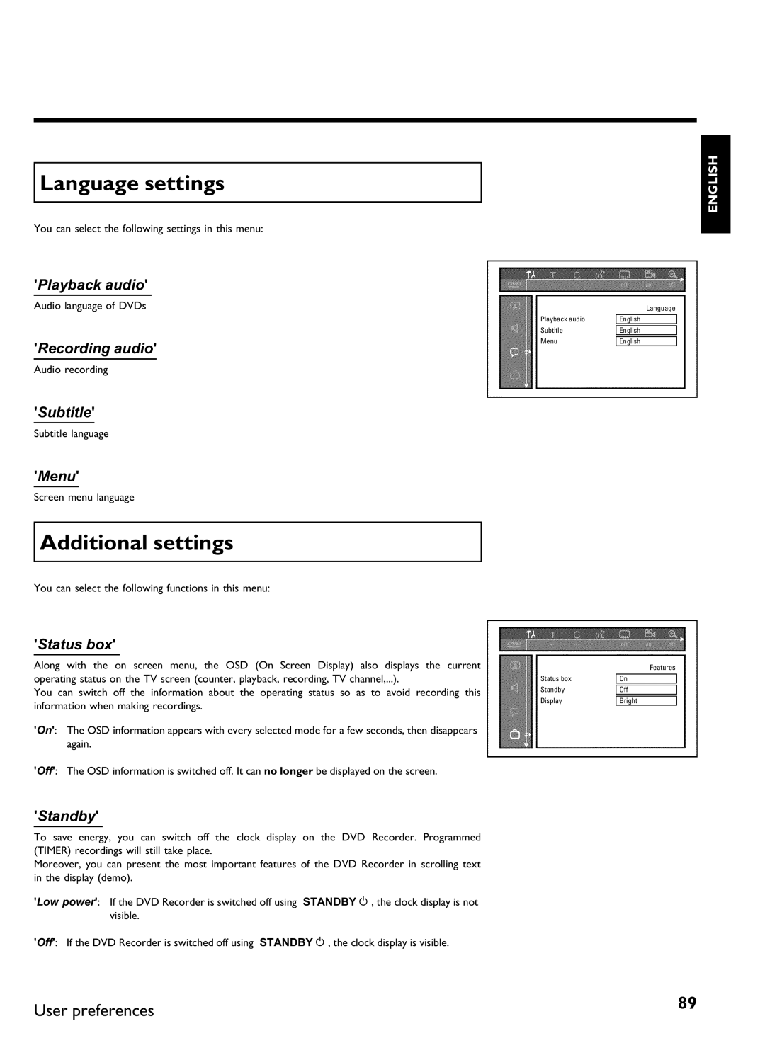 Philips DVDR 80 manual Language settings, Additional settings 