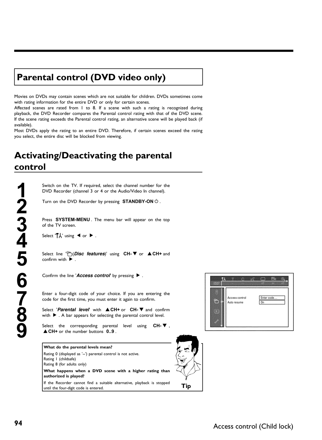 Philips DVDR 80 manual Parental control DVD video only, Activating/Deactivating the parental control 