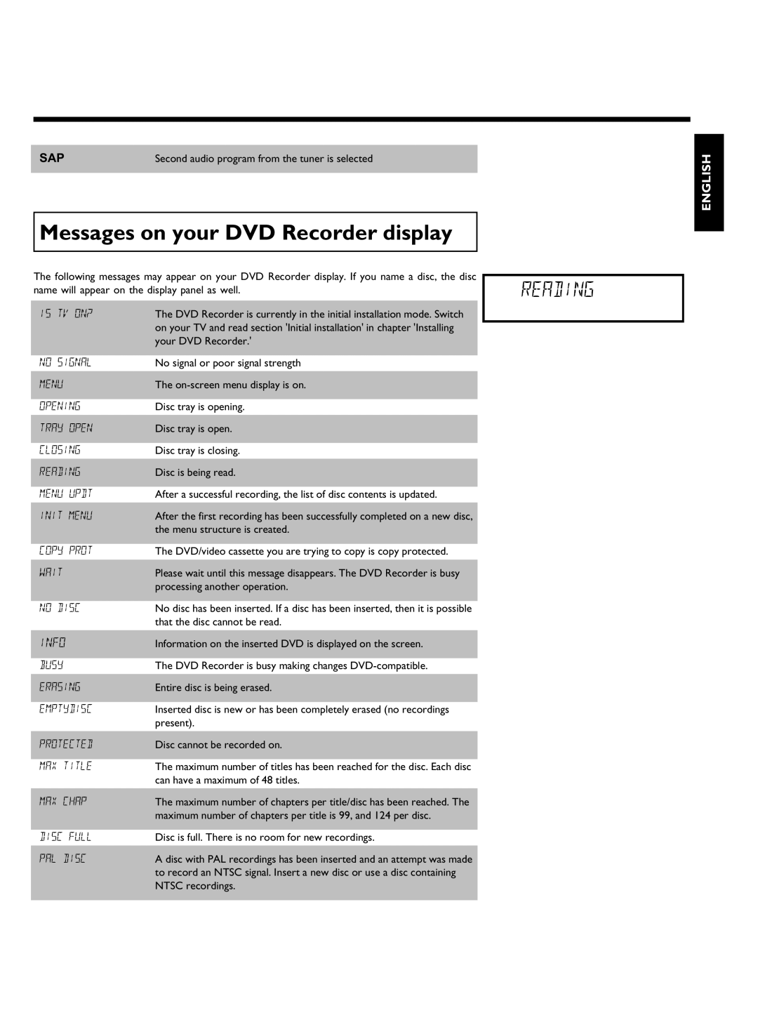 Philips DVDR 80 manual Messages on your DVD Recorder display 