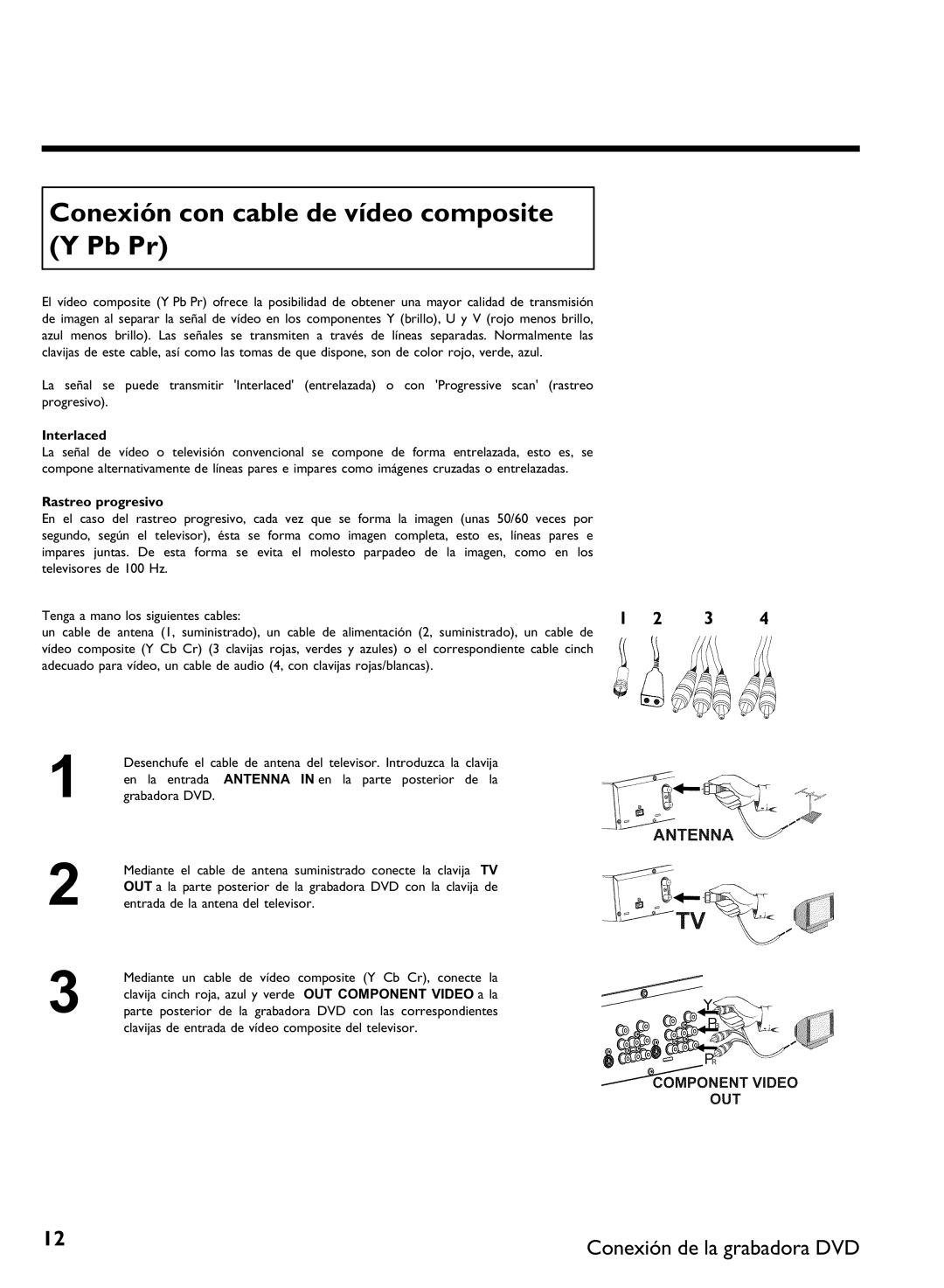 Philips DVDR 80 manual Conexión con cable de vídeo composite Y Pb Pr, Rastreo progresivo 