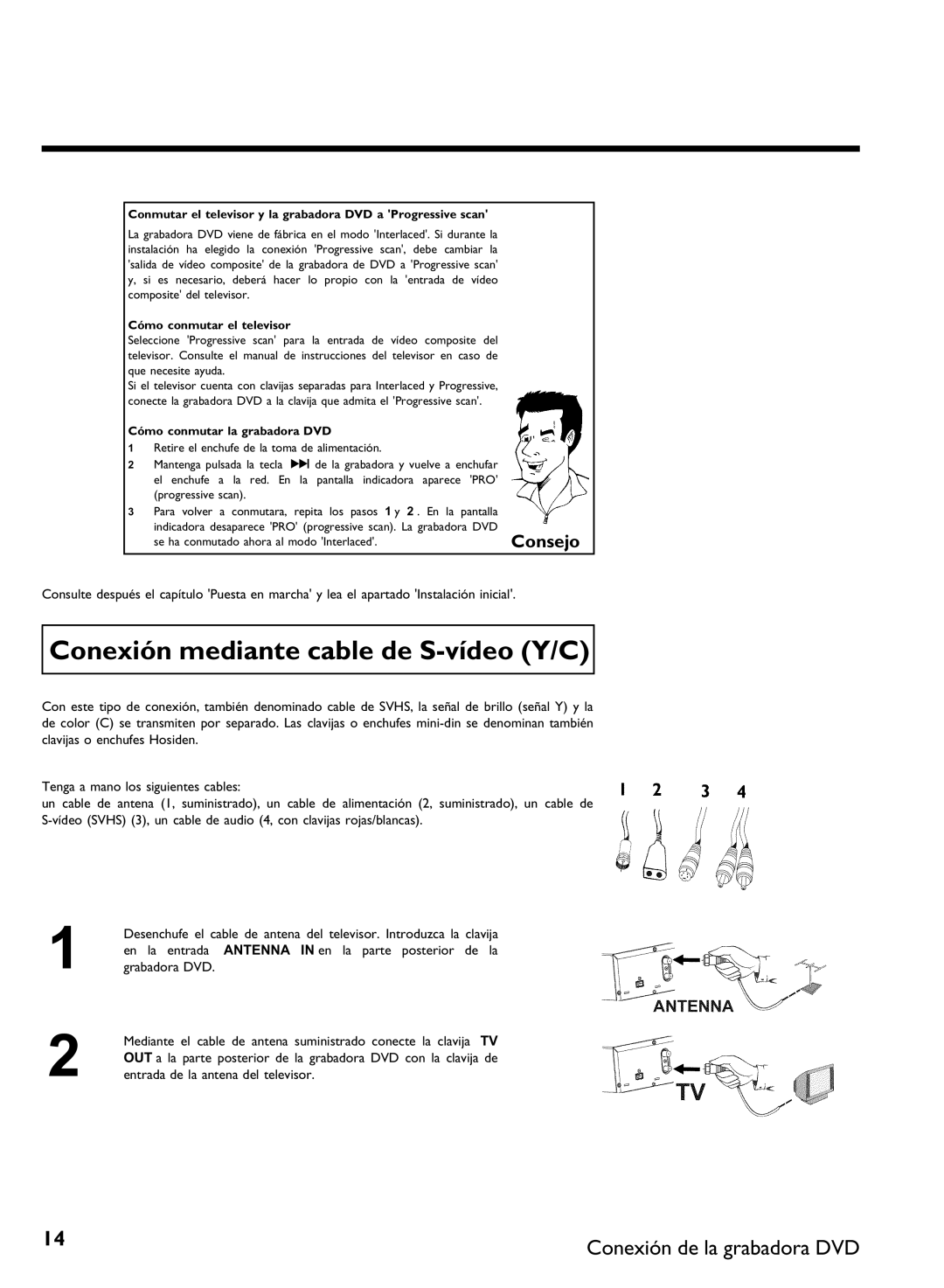 Philips DVDR 80 manual Conexión mediante cable de S Y/C, Conmutar el televisor y la grabadora DVD a Progressive scan 