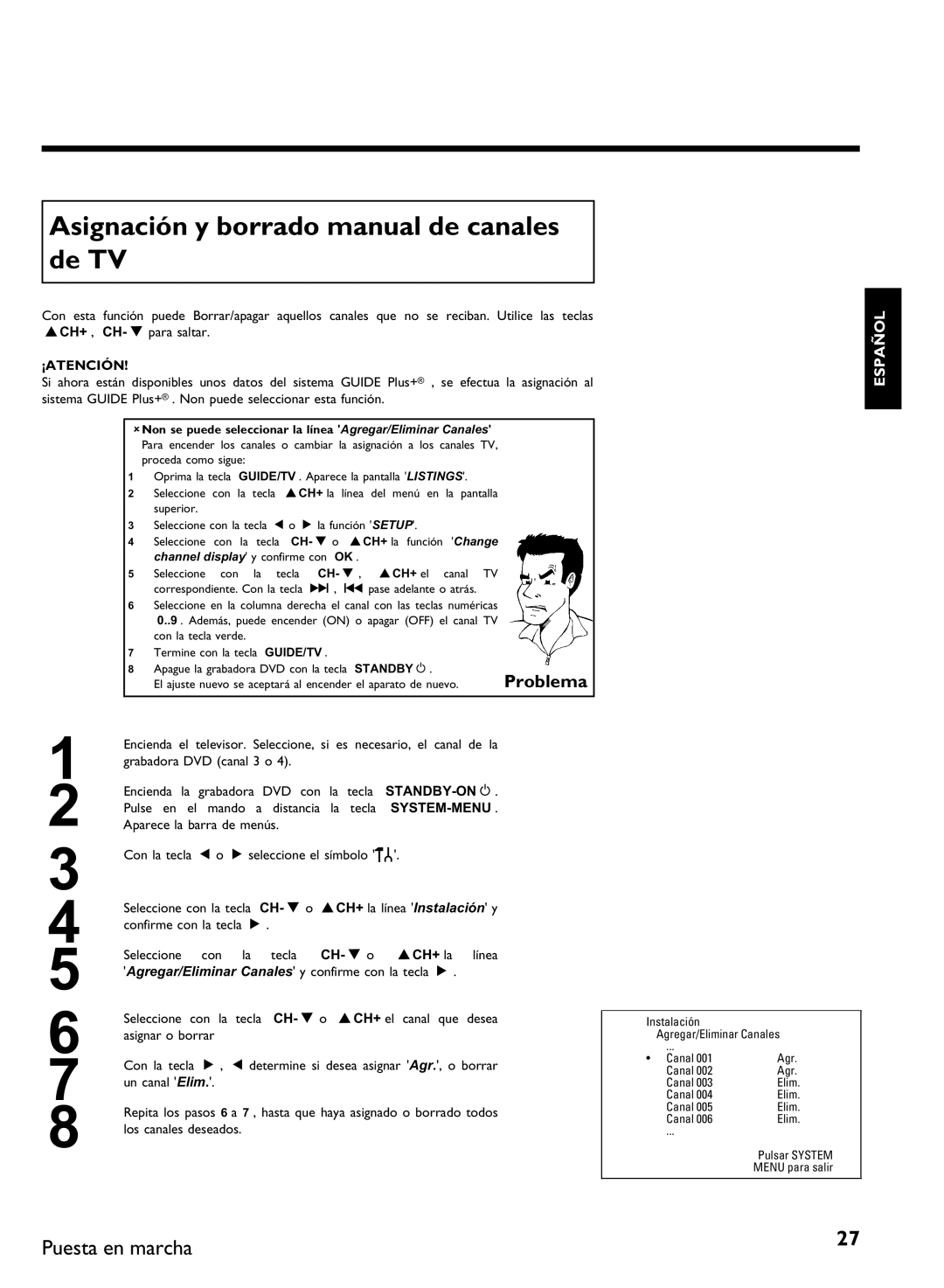 Philips DVDR 80 Asignación y borrado manual de canales de TV, ANon se puede seleccionar la línea Agregar/Eliminar Canales 