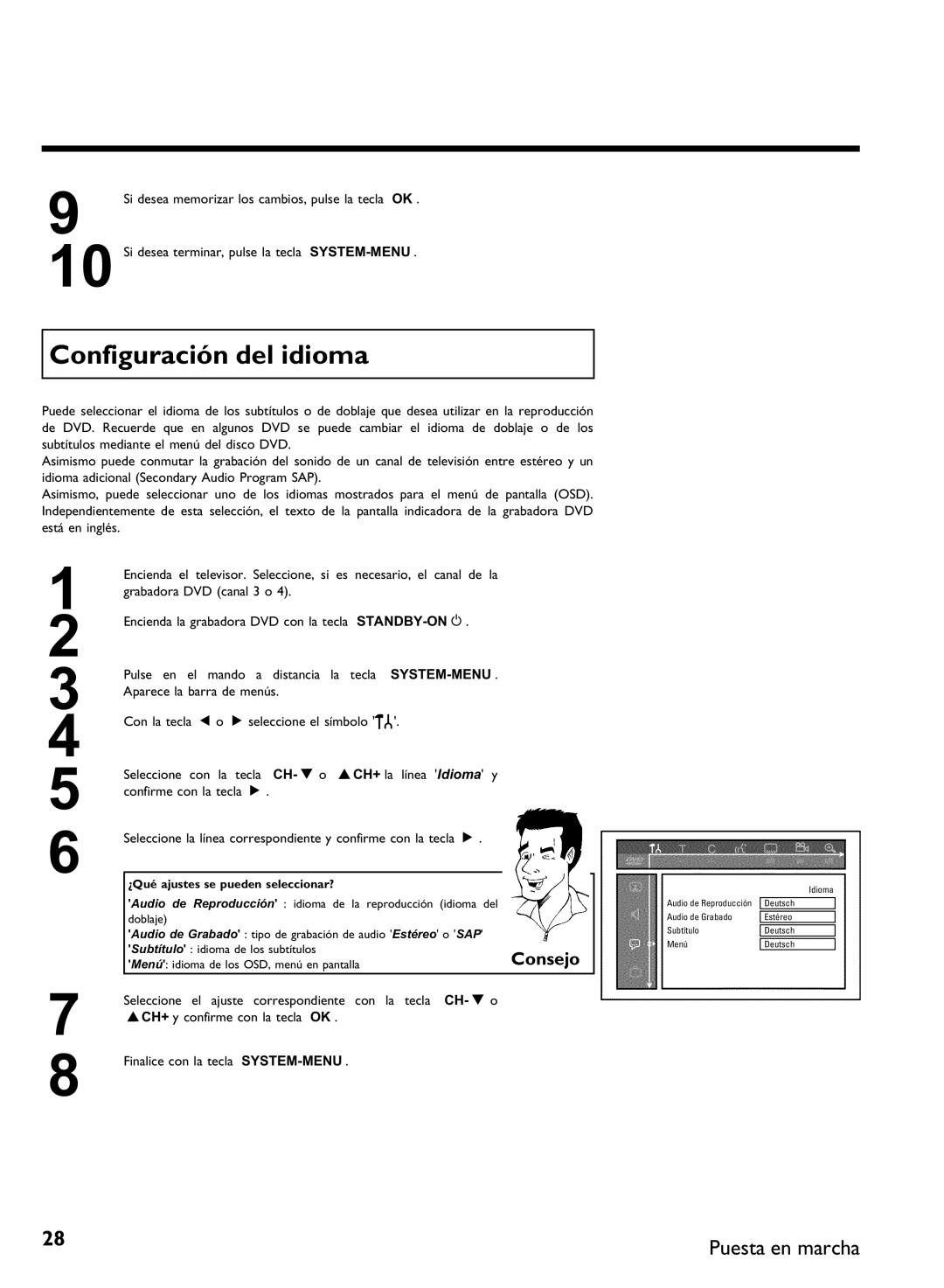 Philips DVDR 80 manual Configuración del idioma, Menú idioma de los OSD, menú en pantalla 