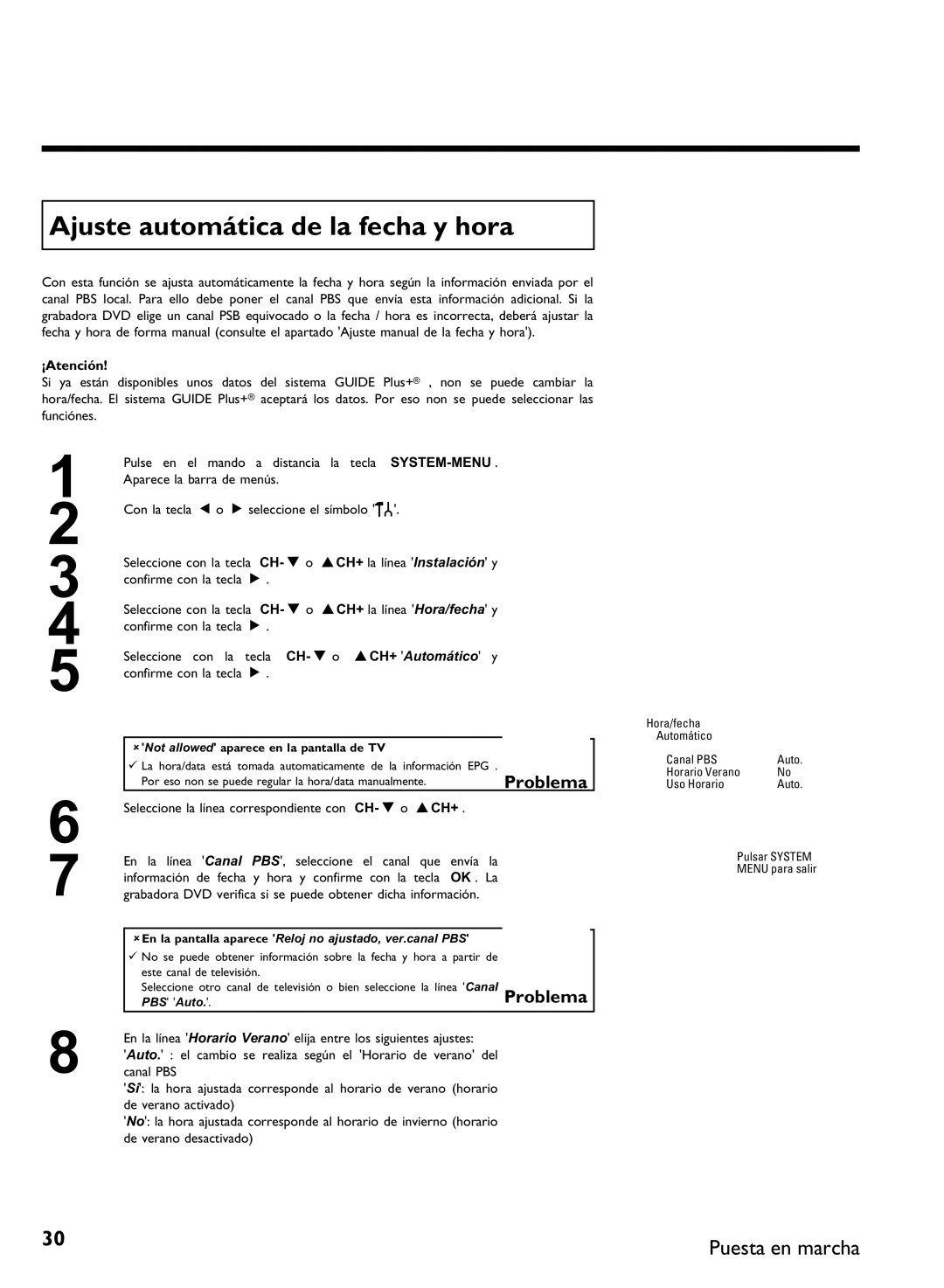 Philips DVDR 80 manual Ajuste automática de la fecha y hora, Not allowed aparece en la pantalla de TV 