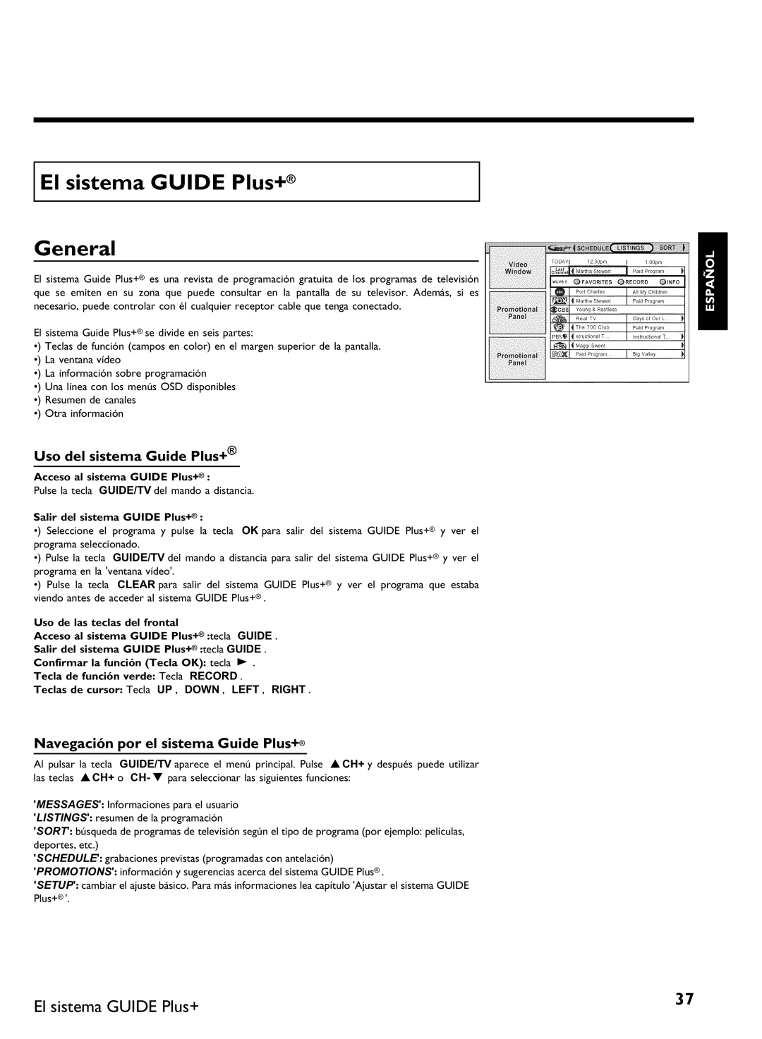 Philips DVDR 80 manual El sistema Guide Plus+ General, Uso del sistema Guide Plus+, Navegación por el sistema Guide Plus+ 