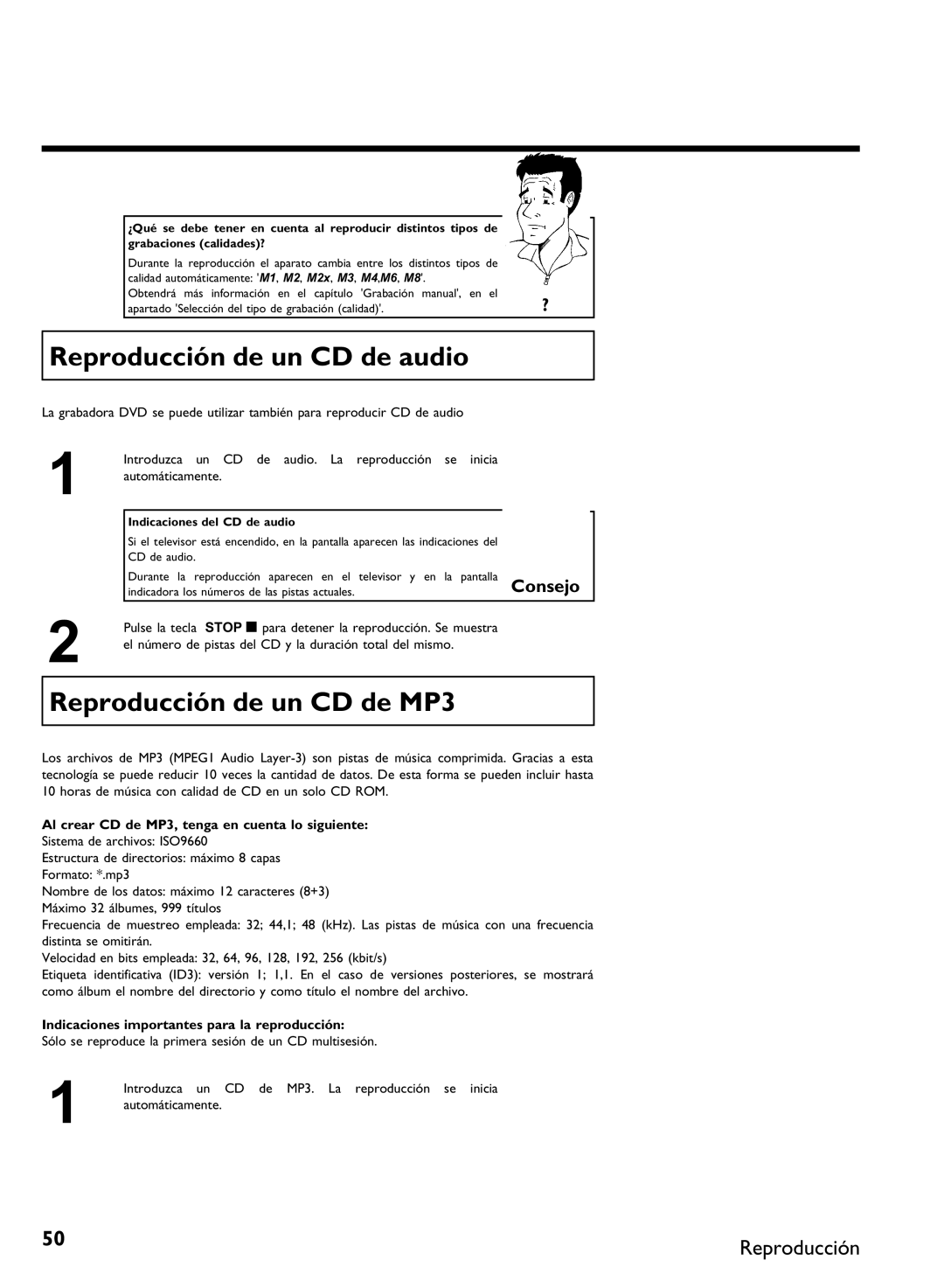 Philips DVDR 80 manual Reproducción de un CD de audio, Reproducción de un CD de MP3 