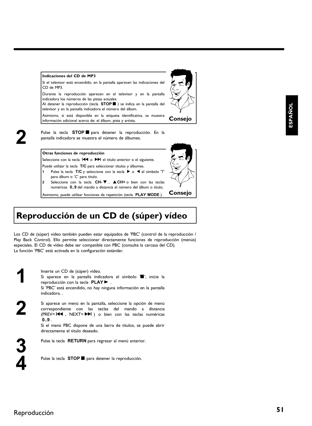 Philips DVDR 80 manual Reproducción de un CD de súper vídeo, Indicaciones del CD de MP3, Otras funciones de reproducción 