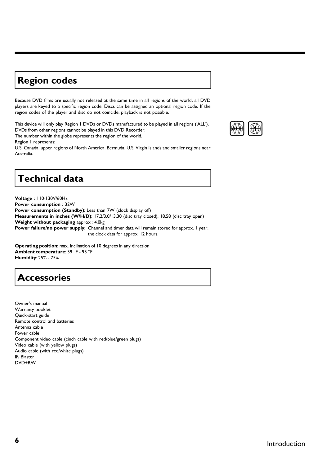 Philips DVDR 80 manual Region codes, Technical data, Accessories 