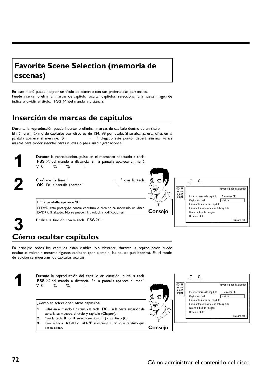 Philips DVDR 80 Favorite Scene Selection memoria de escenas, Inserción de marcas de capítulos, Cómo ocultar capítulos 