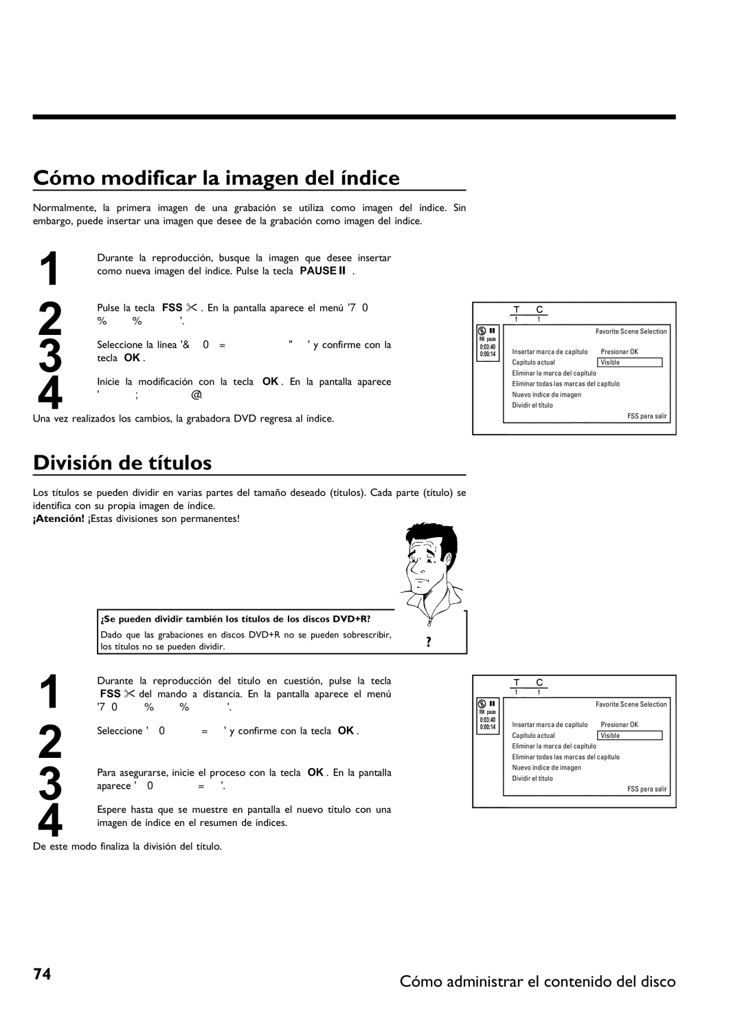 Philips DVDR 80 manual Cómo modificar la imagen del índice, División de títulos 