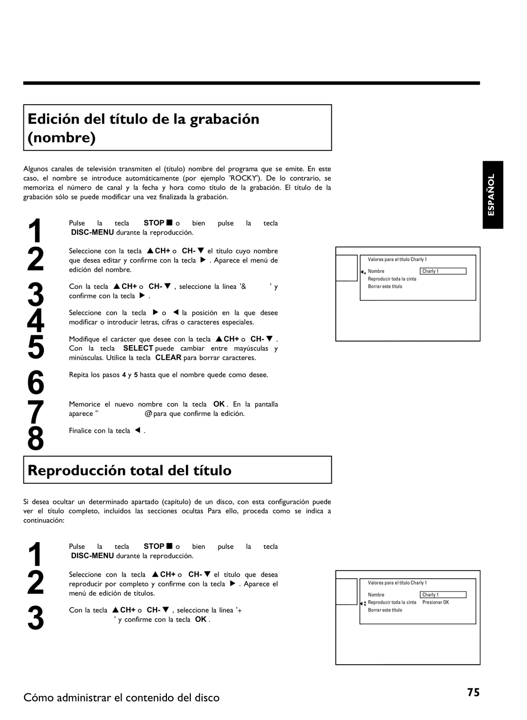 Philips DVDR 80 manual Edición del título de la grabación nombre, Reproducción total del título 