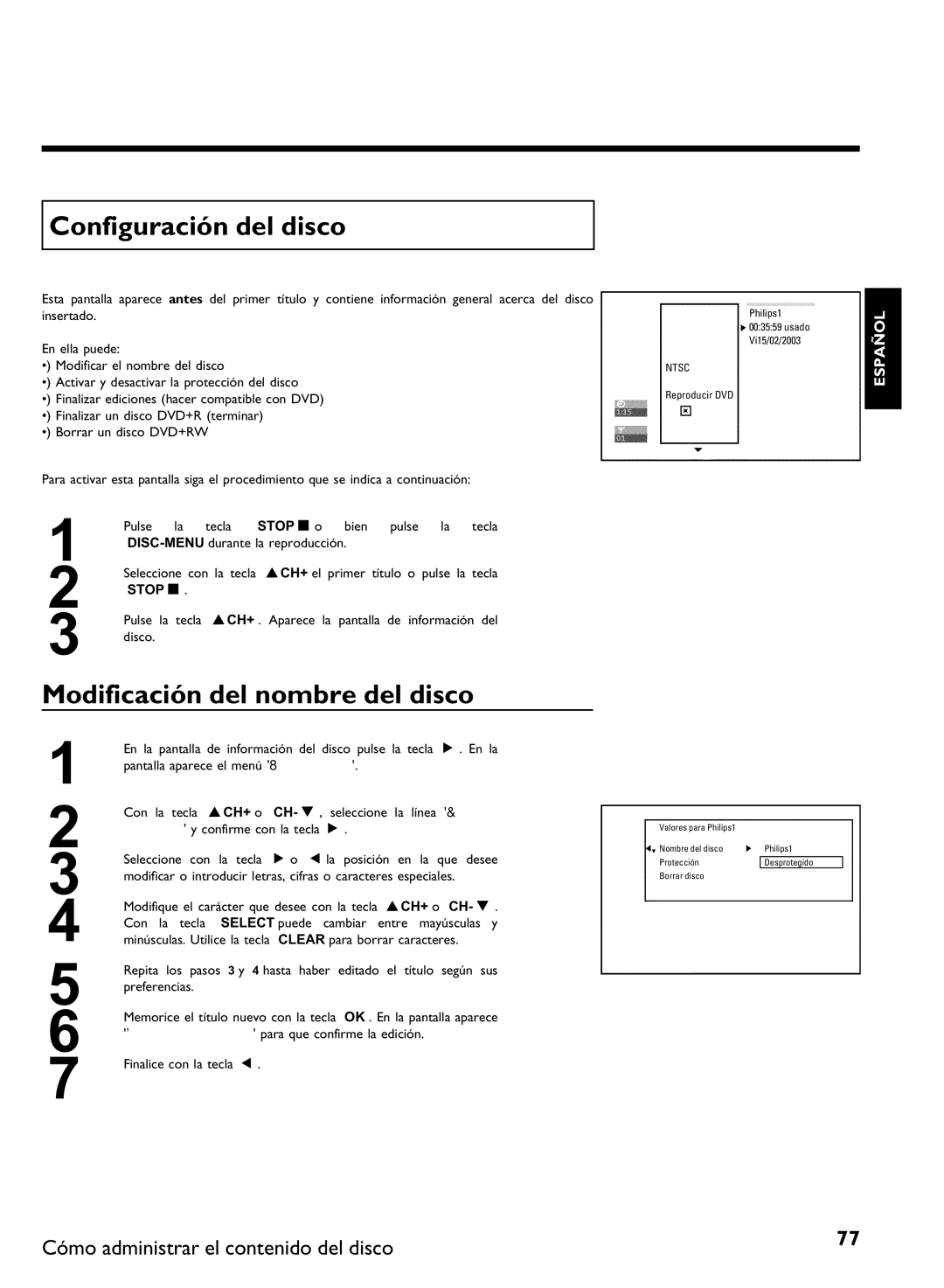 Philips DVDR 80 manual Configuración del disco, Modificación del nombre del disco 