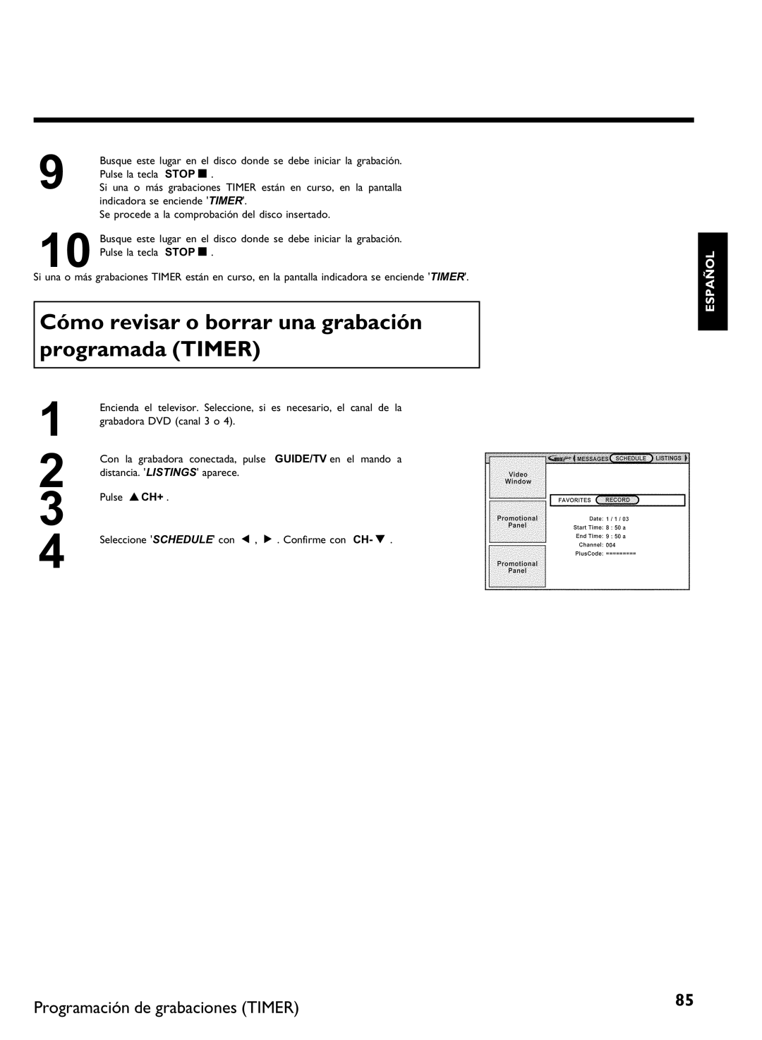 Philips DVDR 80 manual Cómo revisar o borrar una grabación programada Timer 