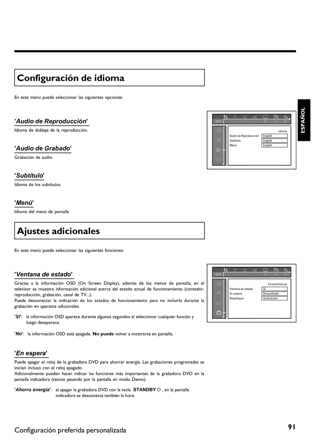 Philips DVDR 80 manual Configuración de idioma, Ajustes adicionales 