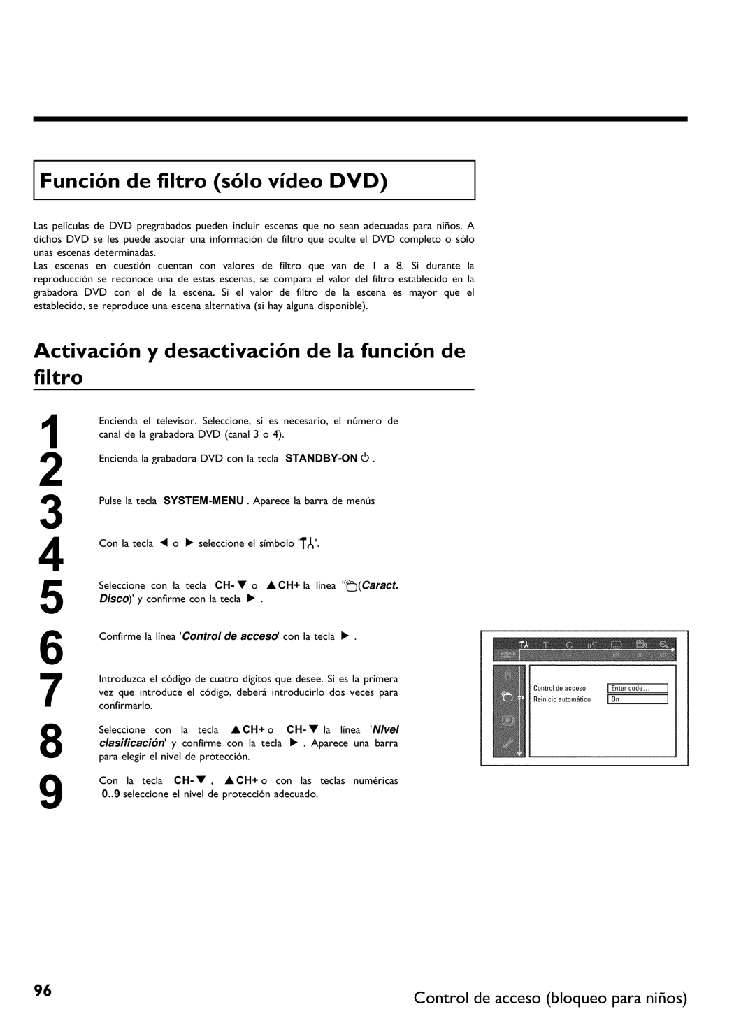 Philips DVDR 80 manual Función de filtro sólo vídeo DVD, Activación y desactivación de la función de filtro 