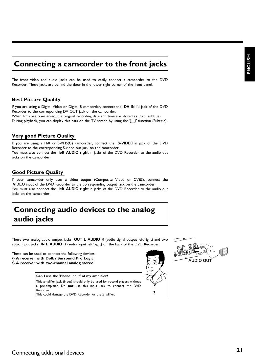 Philips DVDR 80 manual Connecting a camcorder to the front jacks, Connecting audio devices to the analog audio jacks 