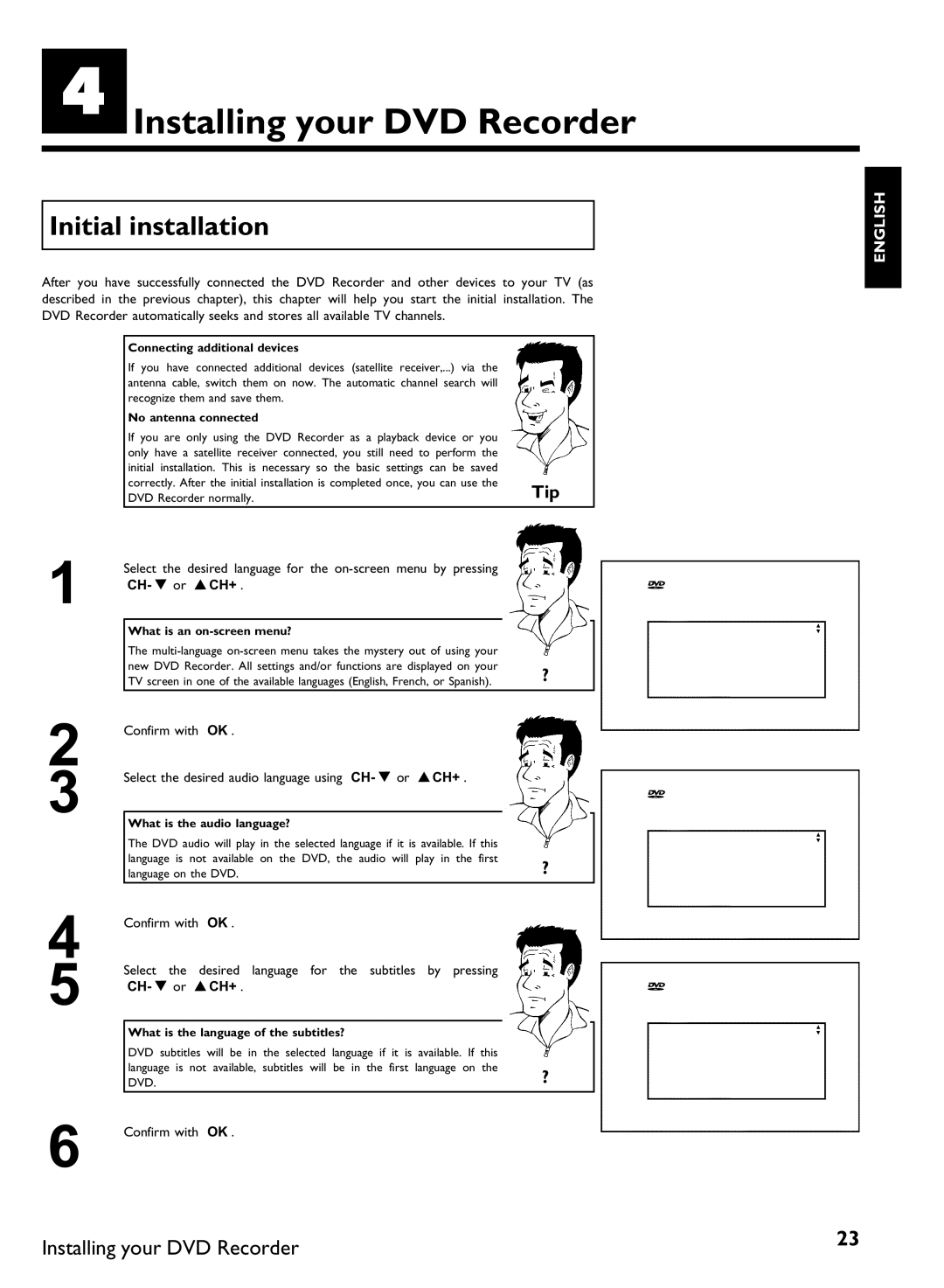 Philips DVDR 80 manual DInstalling your DVD Recorder, Initial installation, CH- B or ACH+, Ach+ 