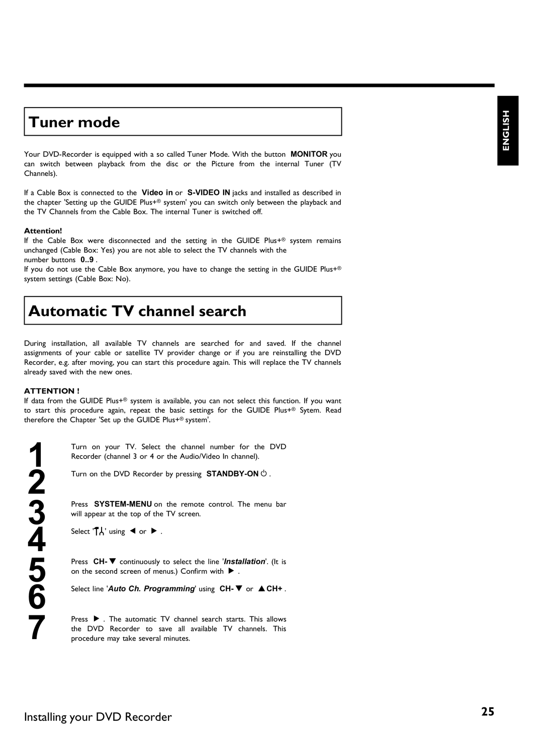 Philips DVDR 80 manual Tuner mode, Automatic TV channel search, Procedure may take several minutes 