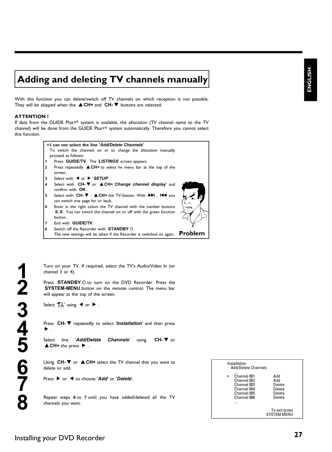 Philips DVDR 80 Adding and deleting TV channels manually, AI can not select the line Add/Delete Channels 