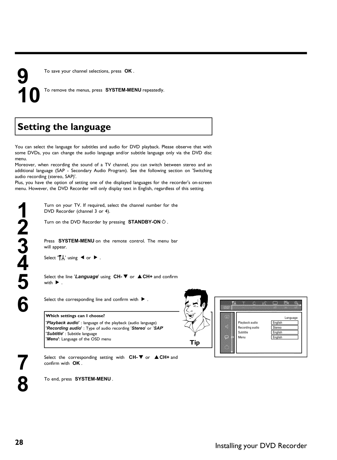 Philips DVDR 80 manual Setting the language, Which settings can I choose? 