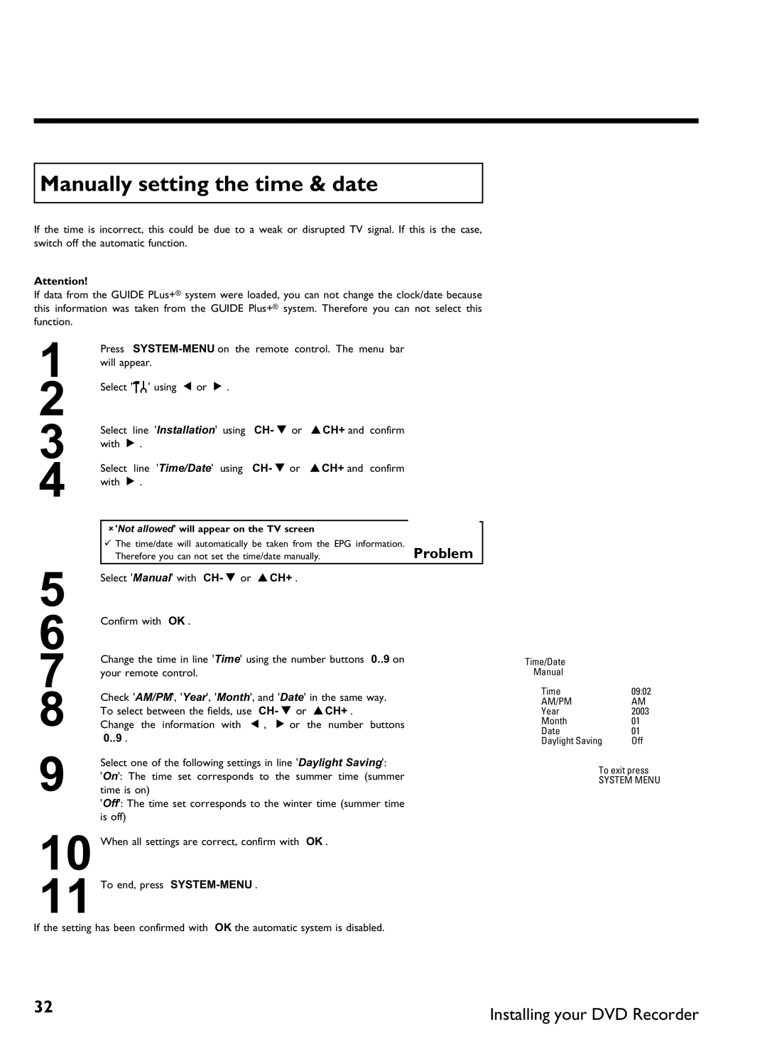 Philips DVDR 80 manual Manually setting the time & date 