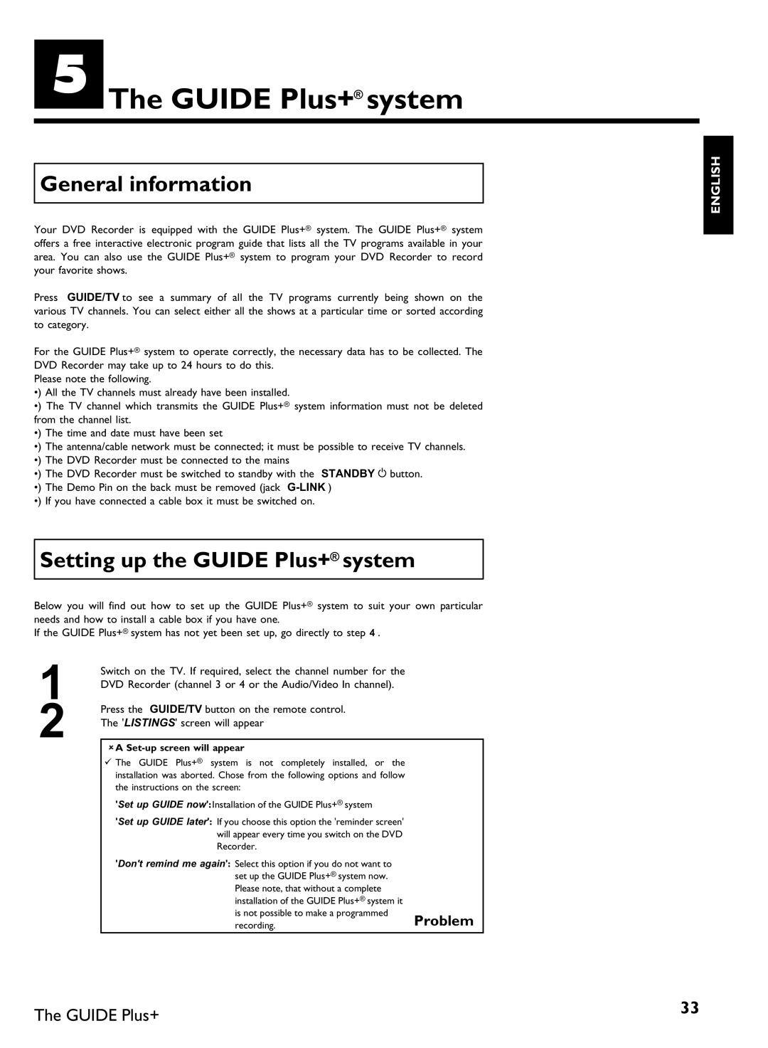 Philips DVDR 80 EThe Guide Plus+ system, General information, Setting up the Guide Plus+ system, AA Set screen will appear 