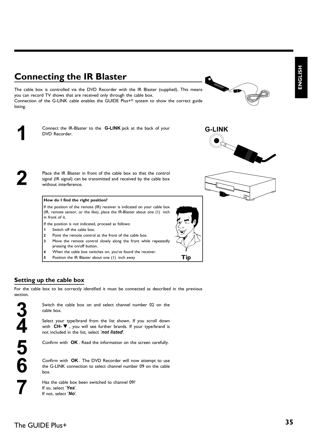 Philips DVDR 80 manual Connecting the IR Blaster, Setting up the cable box, Without interference 