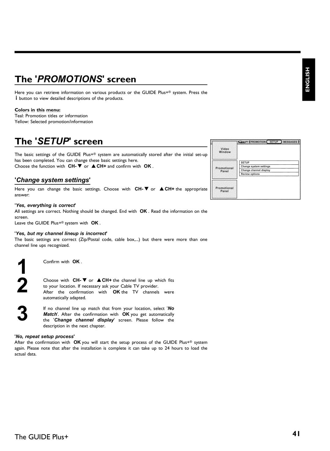 Philips DVDR 80 manual Promotions screen, Setup screen, Change system settings, Colors in this menu, CH- B or 