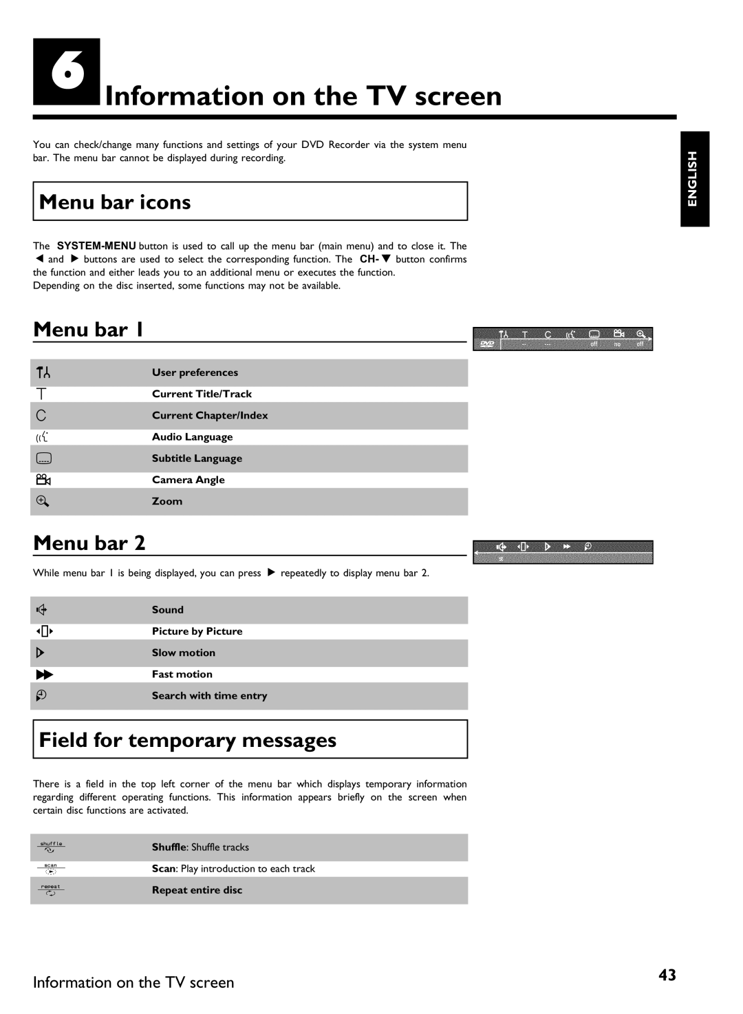 Philips DVDR 80 manual FInformation on the TV screen, Menu bar icons, Field for temporary messages 