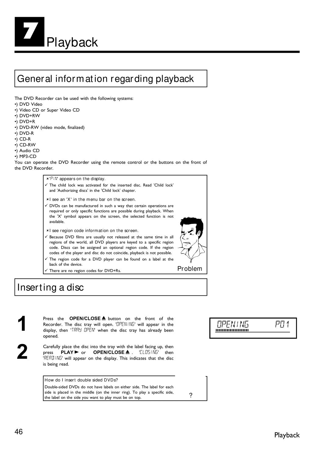 Philips DVDR 80 manual GPlayback, General information regarding playback, Inserting a disc, Play G or OPEN/CLOSE J 