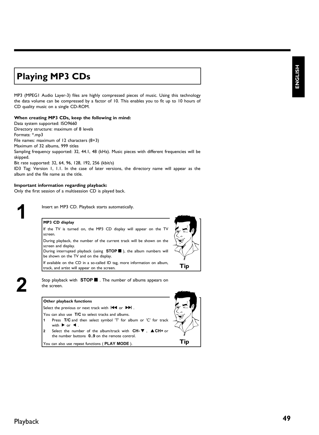 Philips DVDR 80 manual Playing MP3 CDs, When creating MP3 CDs, keep the following in mind, MP3 CD display 