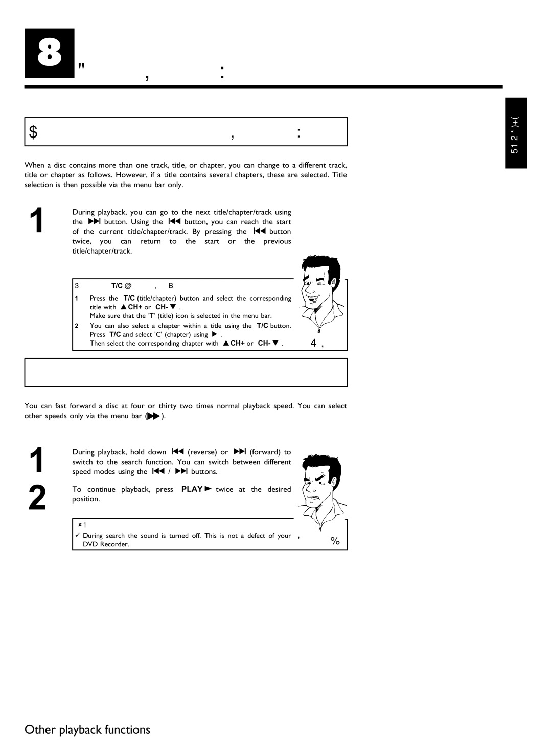 Philips DVDR 80 manual HOther playback functions, Changing to a different chapter track/title, Disc search, ANo sound 