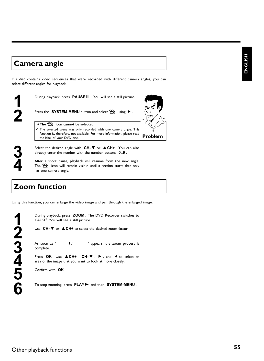 Philips DVDR 80 manual Camera angle, Zoom function, AThe F icon cannot be selected 