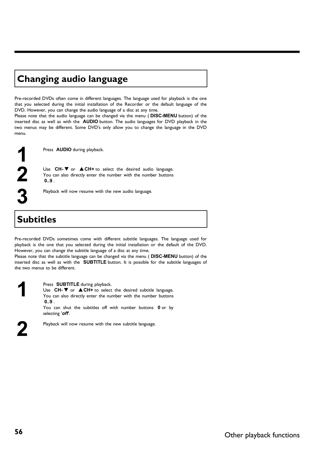 Philips DVDR 80 manual Changing audio language, Subtitles 