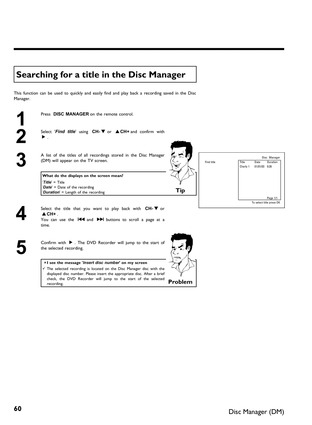 Philips DVDR 80 manual Searching for a title in the Disc Manager, Select Find title using, DM will appear on the TV screen 