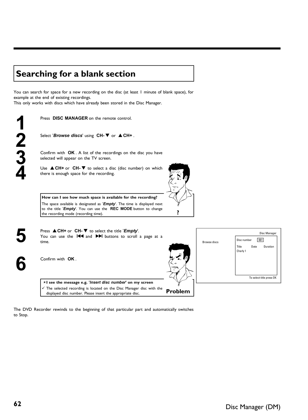 Philips DVDR 80 manual Searching for a blank section, ACH+ or 