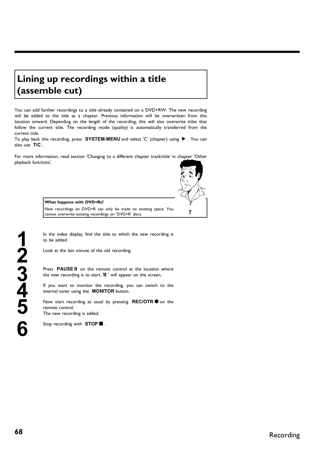 Philips DVDR 80 manual Lining up recordings within a title assemble cut 