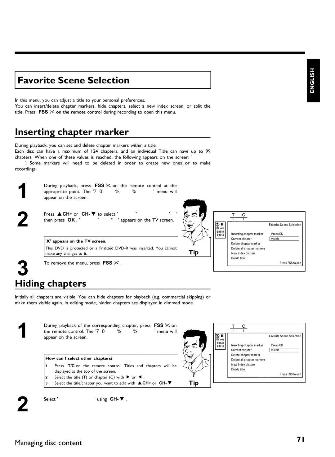 Philips DVDR 80 manual Favorite Scene Selection, Inserting chapter marker, Hiding chapters, To remove the menu, press FSS 