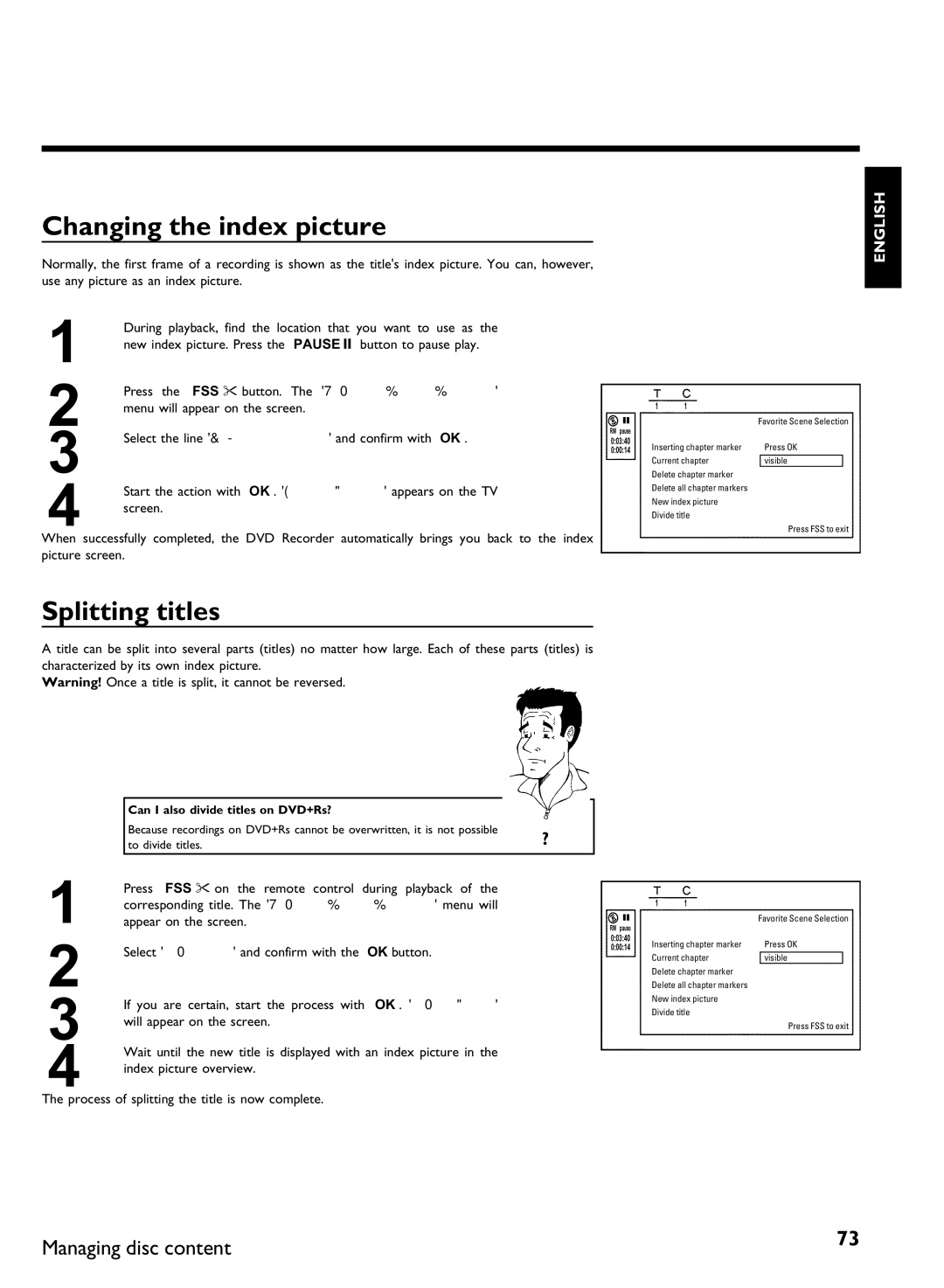 Philips DVDR 80 manual Changing the index picture, Splitting titles, Can I also divide titles on DVD+Rs? 