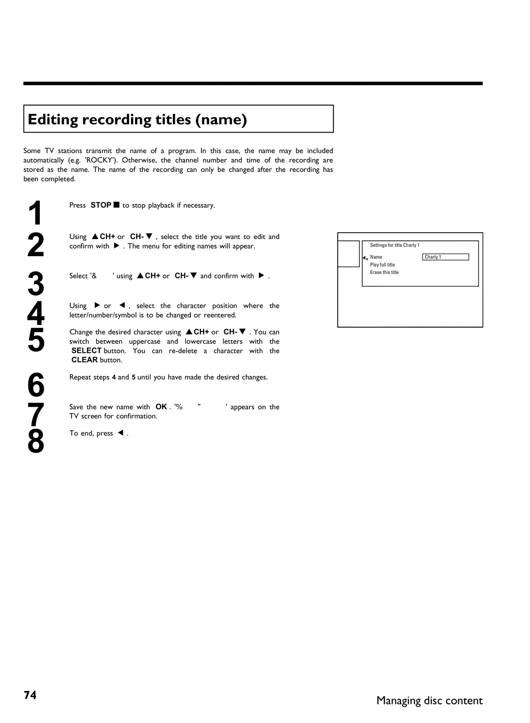 Philips DVDR 80 manual Editing recording titles name 