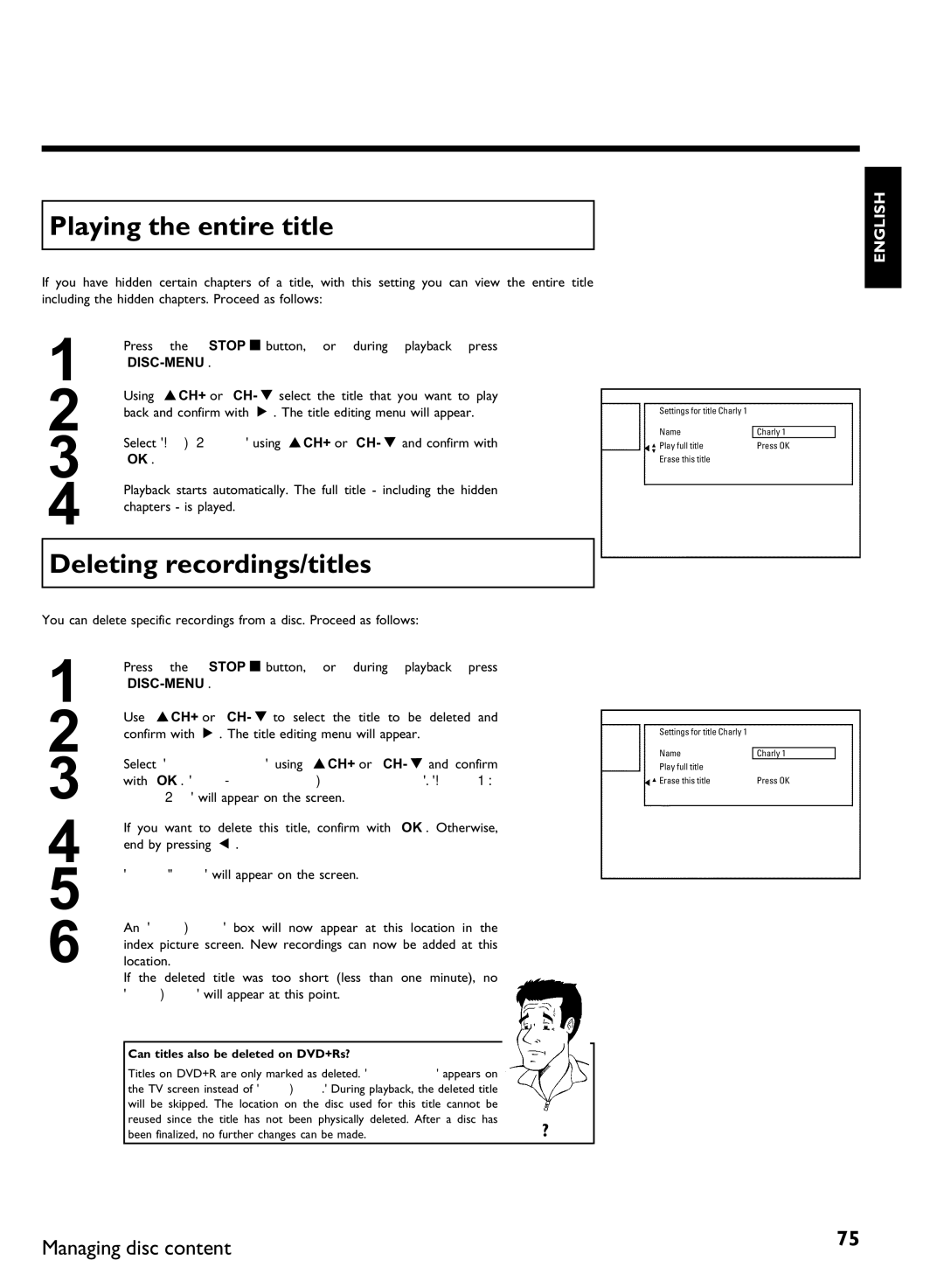 Philips DVDR 80 manual Playing the entire title, Deleting recordings/titles, Can titles also be deleted on DVD+Rs? 