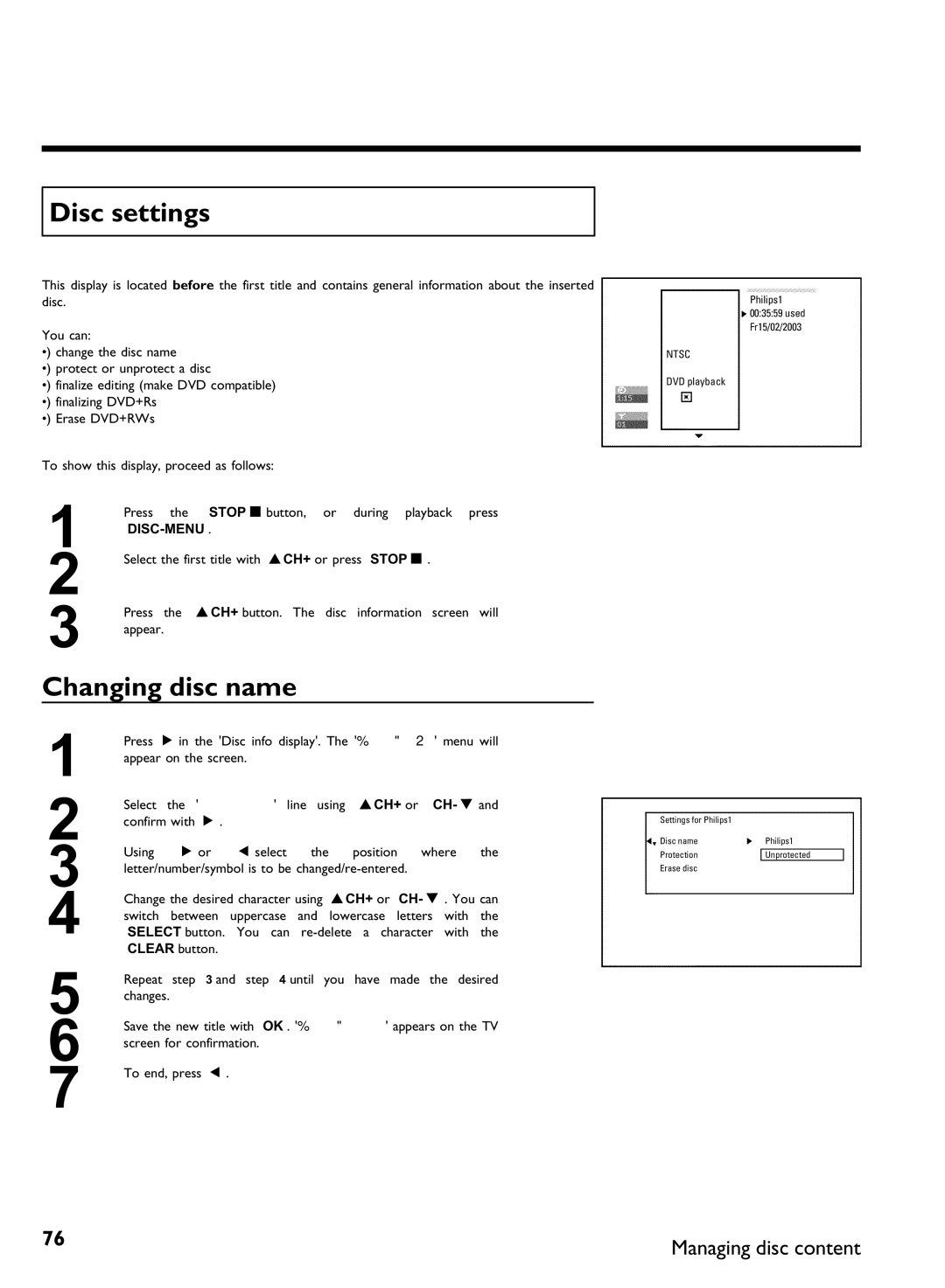 Philips DVDR 80 manual Disc settings, Changing disc name 