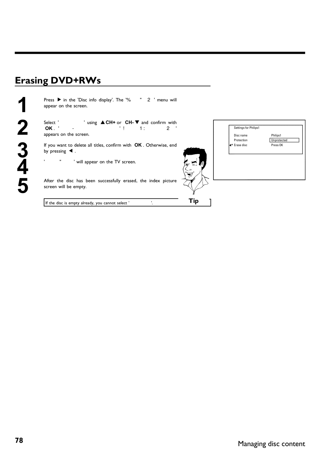 Philips DVDR 80 manual Erasing DVD+RWs, Tip 