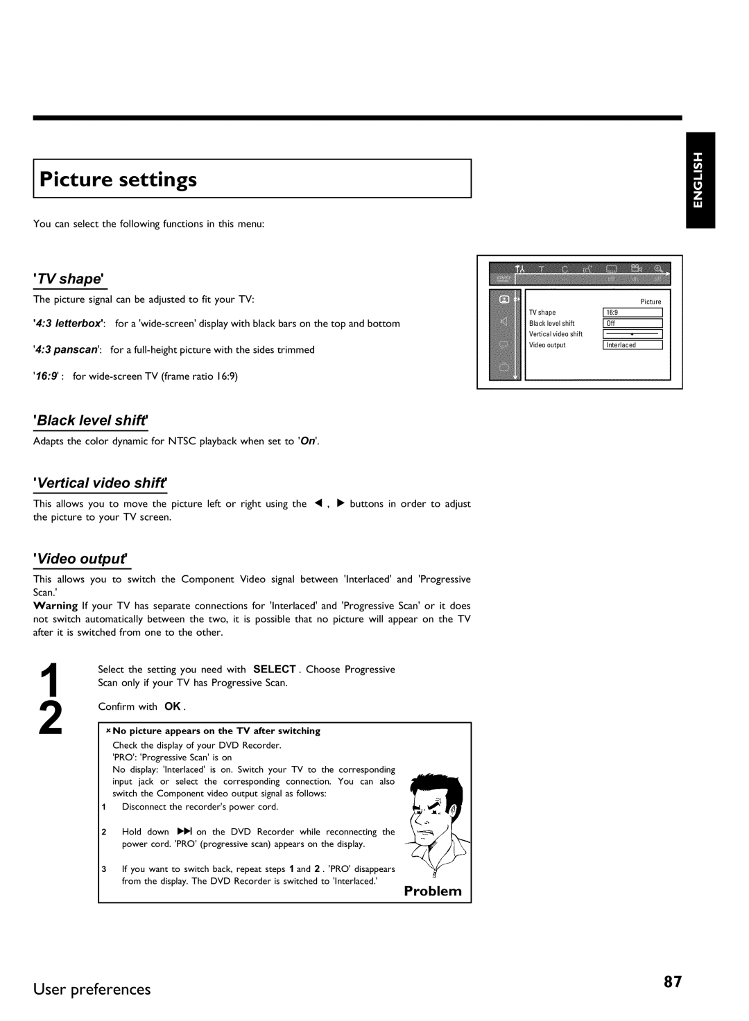 Philips DVDR 80 manual Picture settings, TV shape, Black level shift, Vertical video shift, Video output 