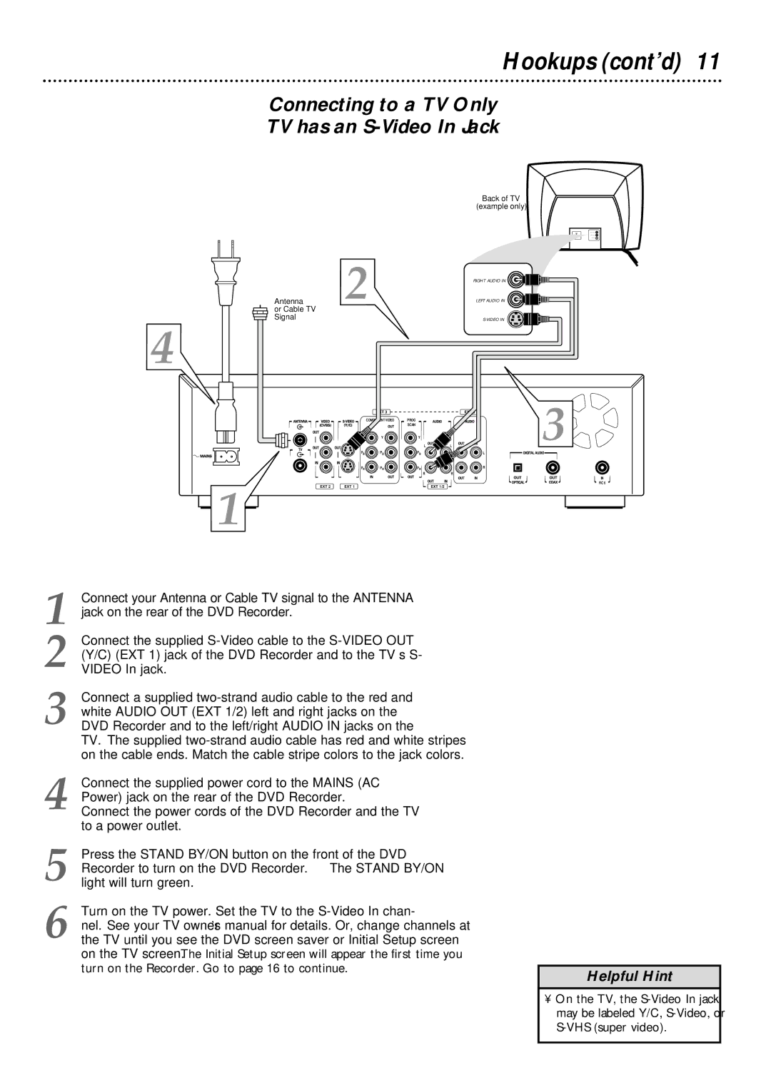 Philips DVDR1000 owner manual Connecting to a TV Only TV has an S-Video In Jack 