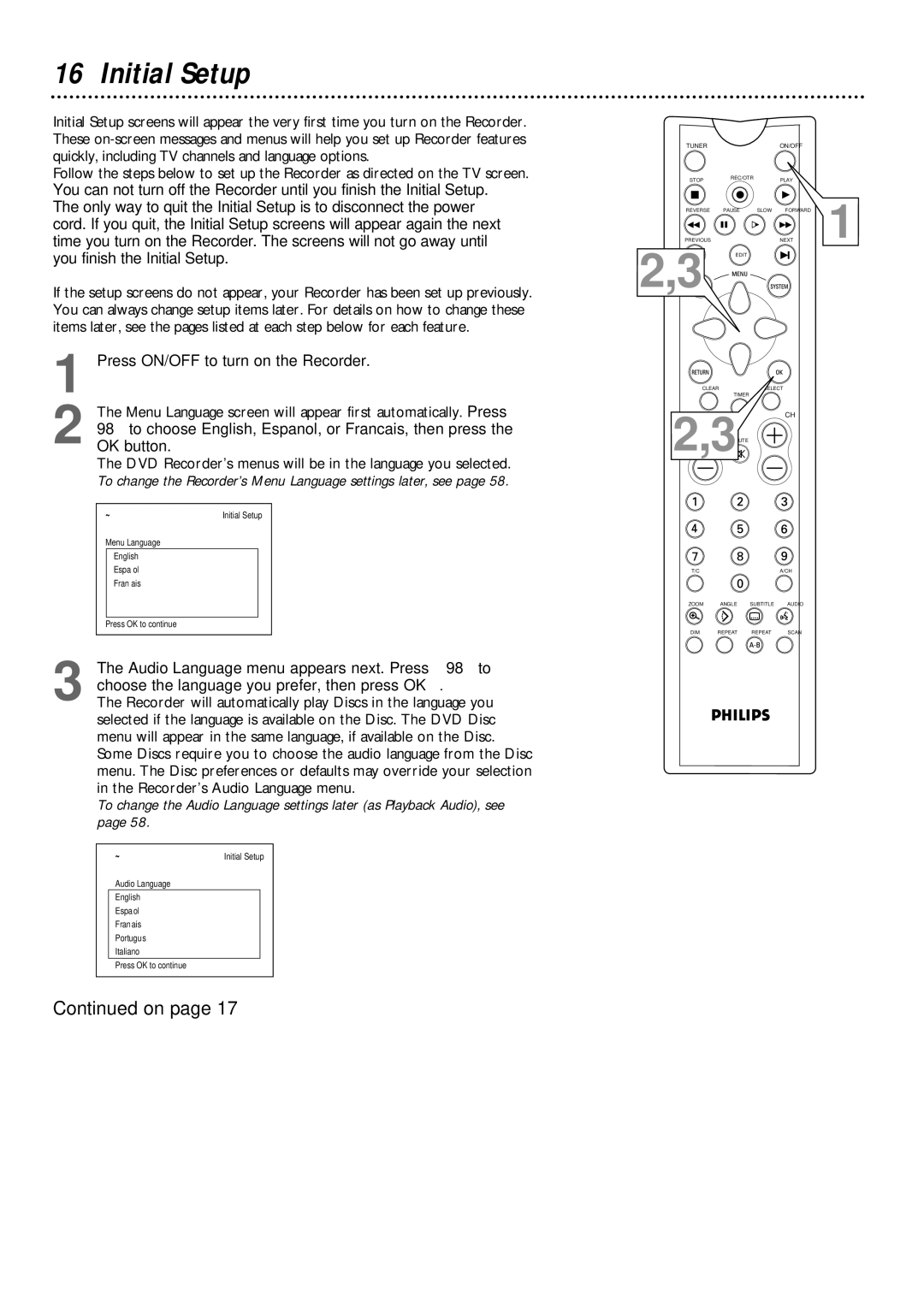 Philips DVDR1000 owner manual Initial Setup, OK button 