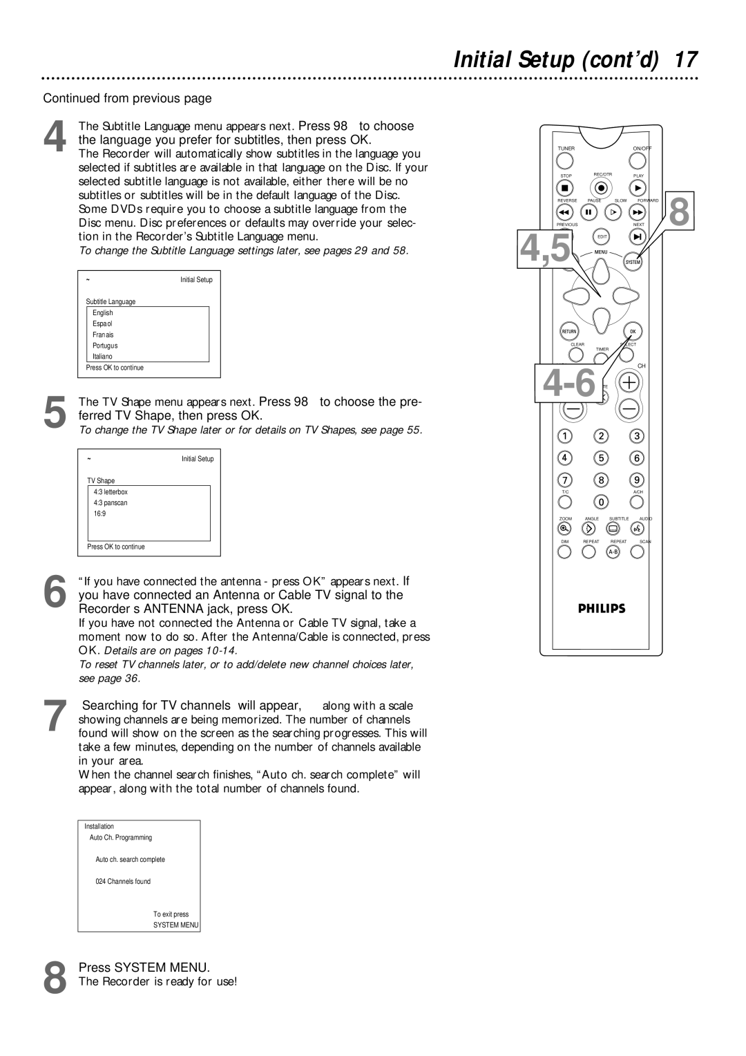 Philips DVDR1000 owner manual Initial Setup cont’d, From previous, Press System Menu 