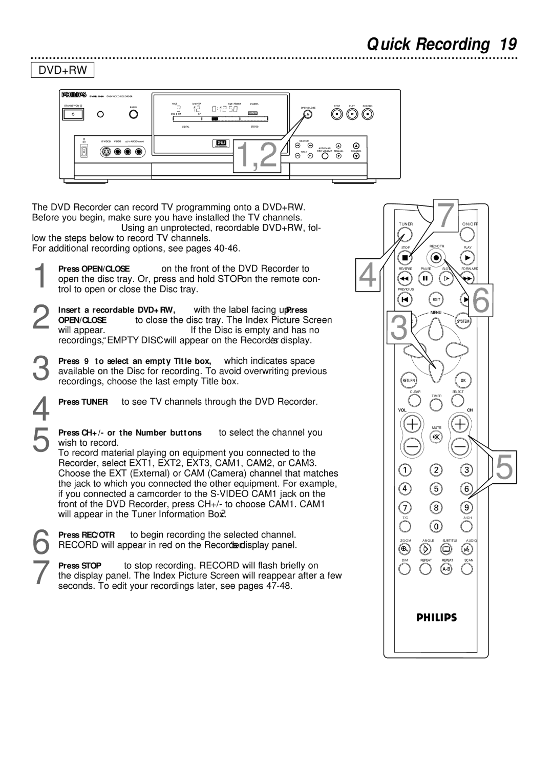 Philips DVDR1000 owner manual Quick Recording, Dvd+Rw 